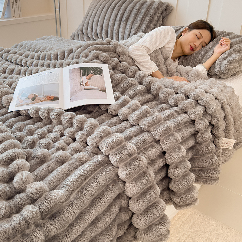 Invierno de doble cara conejo mantas de oficina sofá grueso mantas de coral estriado antiestático sólido mantas de coral