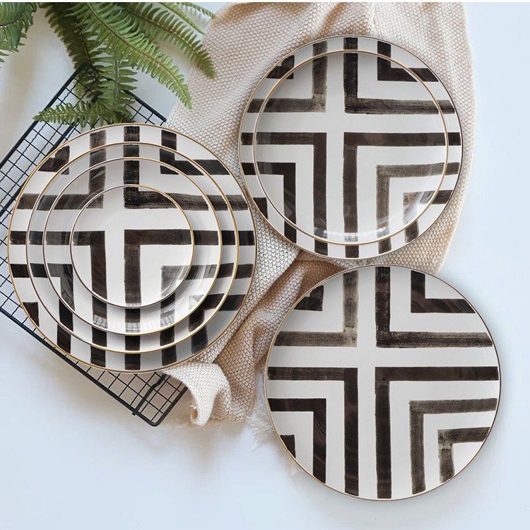 北欧骨瓷餐盘十字路口复古陶瓷盘子日用汤盘饭盘牛排意面盘咖啡杯