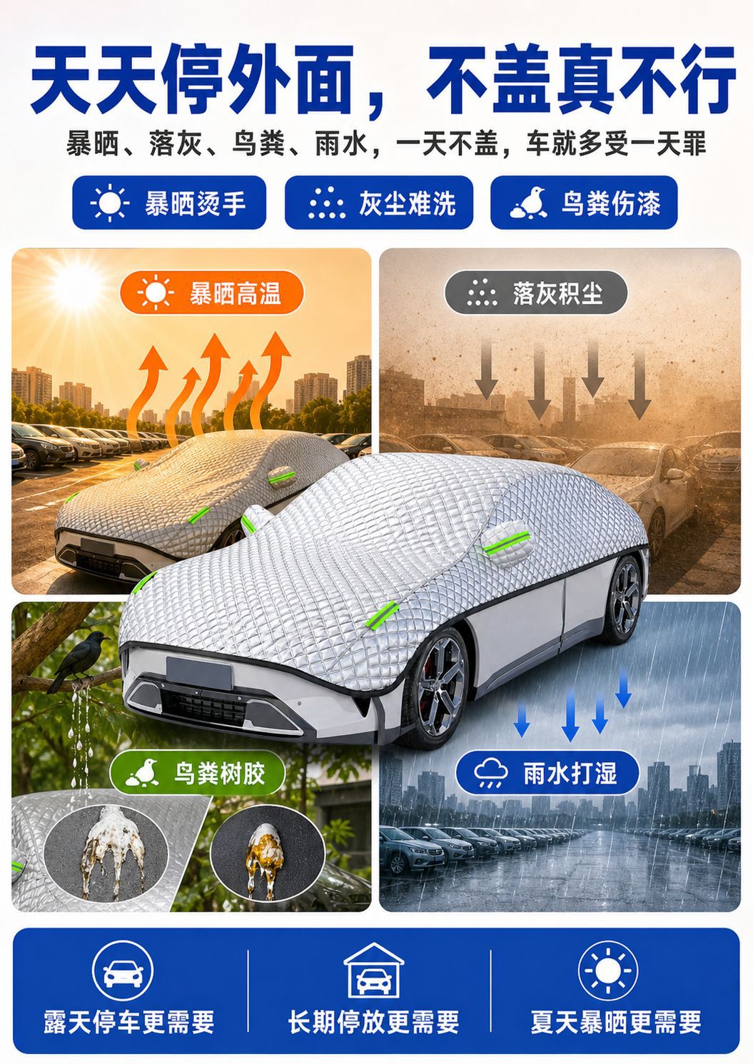 Car Half-Cover Sunshade and Sun Protection Cover, Anti-Snow, Anti-Frost, Anti-Freeze, Anti-Rain, Summer Heat Insulation Half-Body Car Cover, Thickened with Velvet Cotton