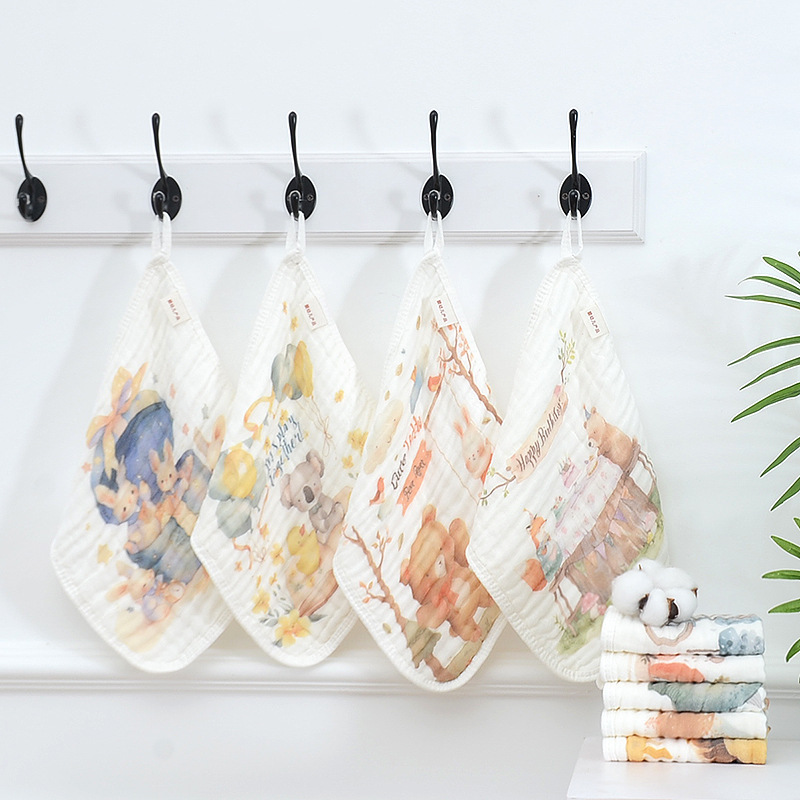 Six-layer bamboo cotton square towel high-density edging baby gauze drooling towel with hooks baby small towel single-version pattern