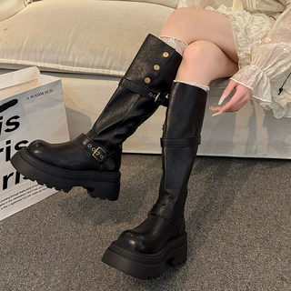 时尚百搭女英伦风厚底增高小个子马丁靴加大筒增高靴子长筒骑士靴