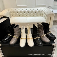 高端2025新款小香风真皮圆头金属扣链条厚底针织弹力瘦瘦靴短靴女