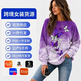 跨境女装欧美风蝴蝶印花圆领长袖卫衣秋冬外贸爆款宽松休闲套头衫