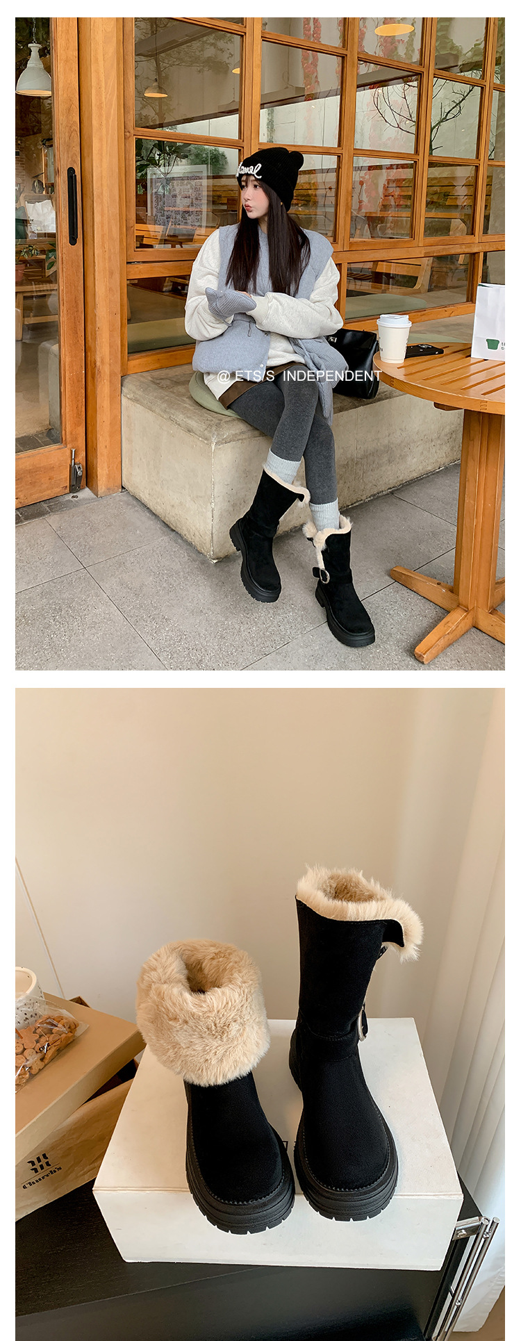 Boot nữ đế dày khóa kim loại da lộn, kiểu hai lớp gấp, lót bông giữ ấm, cổ ngắn — màu đen chi tiết 22