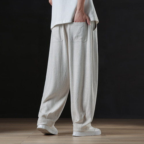 Linen pants for men, summer loose and flowing wide-leg casual long pants, new Chinese style, national style, plus-size linen lantern