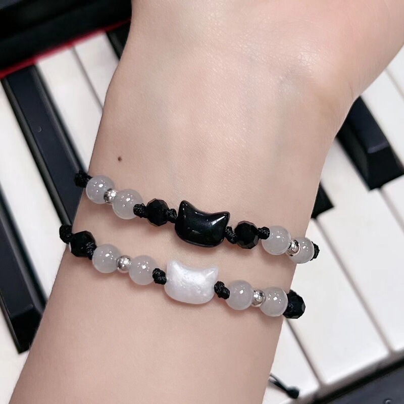 Exquisite Niche Woven Black and White Cat Bead String Hand Rope Couple's Life Year Hand Rope Simple All-match Student Gift Memorial