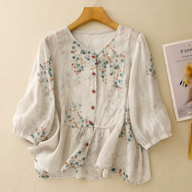 Летняя хлопчатобумажная кружевная рубашка с круглым вырезом