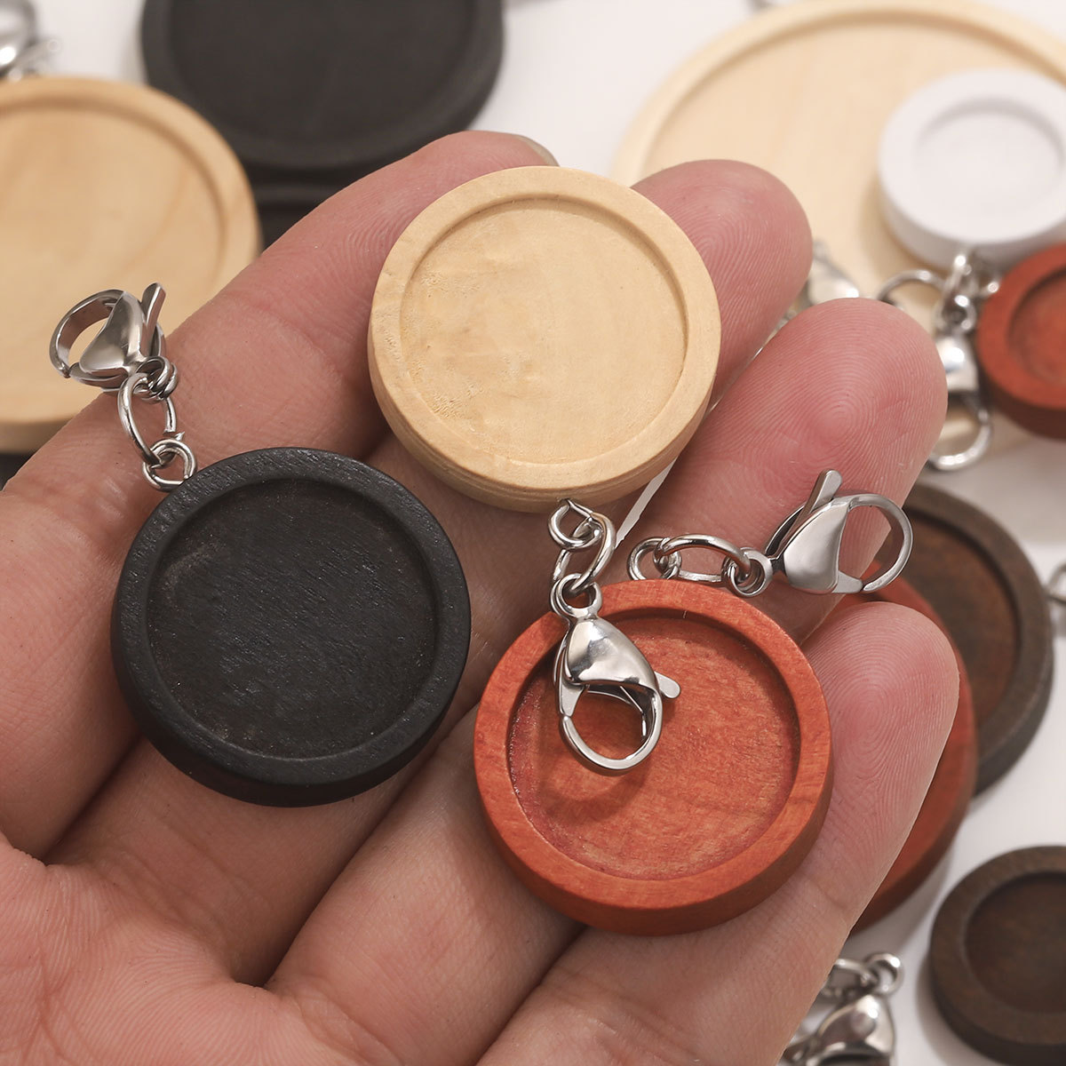 Base de madera redonda + ojo de oveja + anillo abierto + 15 joyería de joyería de llavero de joyería de joyería