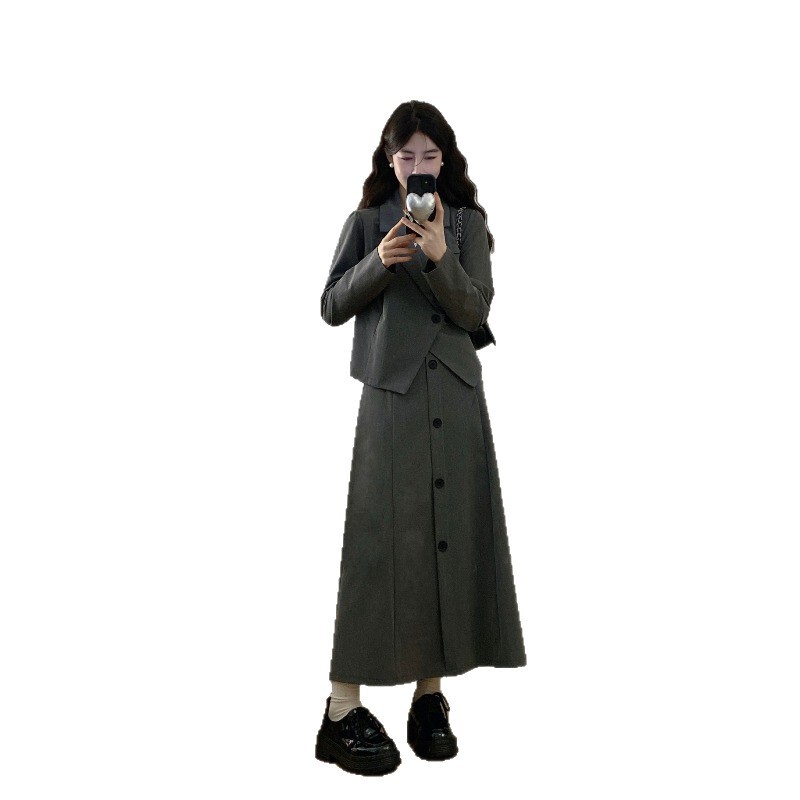 大码女装气质长袖西装上衣高腰半身裙新款秋季显瘦通勤两件套套装|undefined