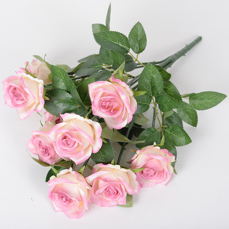 9-cabeza Rosa flor artificial ramo hogar Decoración de la boda Rosa artificial pequeña venta al por mayor de París