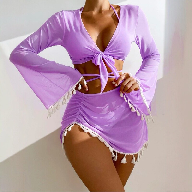 Orizi's New Sexy European and American Style Two-Piece Swimsuit for Women, Lace-Up Bikini with Tassels, Four-Piece Set with Long-Sleeve Cover-Up, Cross-Border