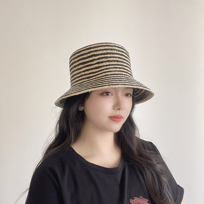 Hepburn Style Striped Raffia Flat Top Hat For Women Sun Hat_voghion.com
