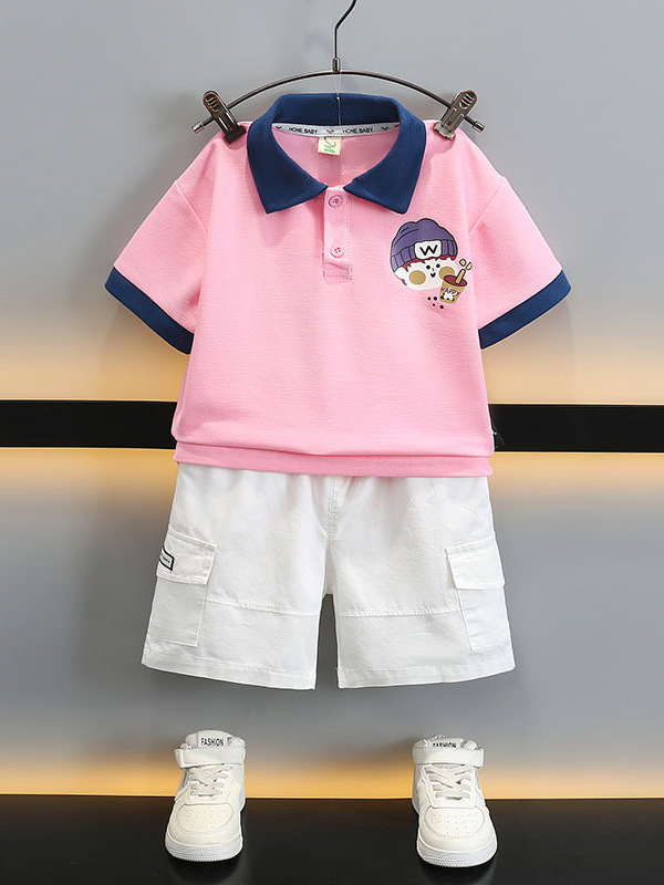 5712 Traje de impresión de dibujos animados para niños Camisa POLO de manga corta para bebés Traje de dos piezas de dopamina de verano para niños