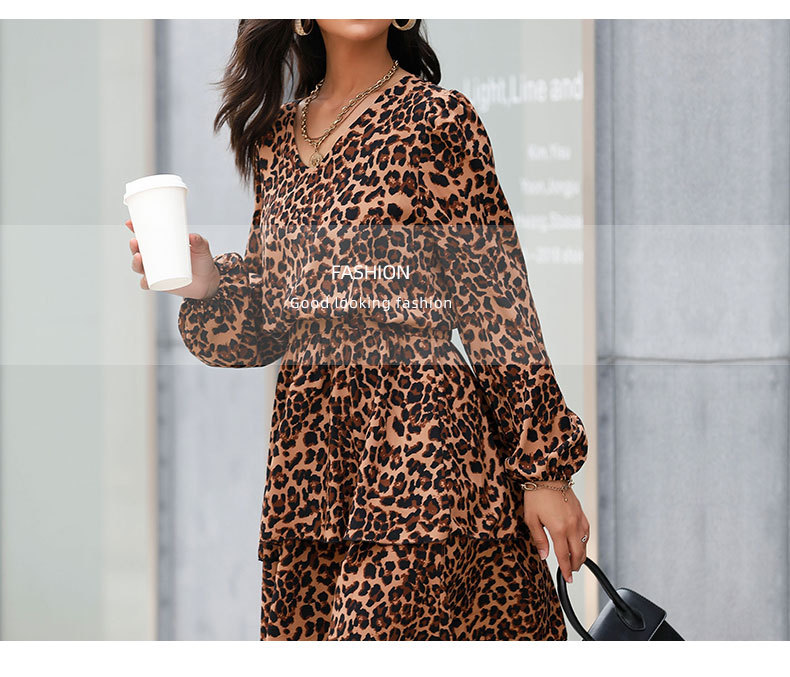 printed v-neck ruffled layered leopard dress nihaostyles wholesale clothes NSYYF89342