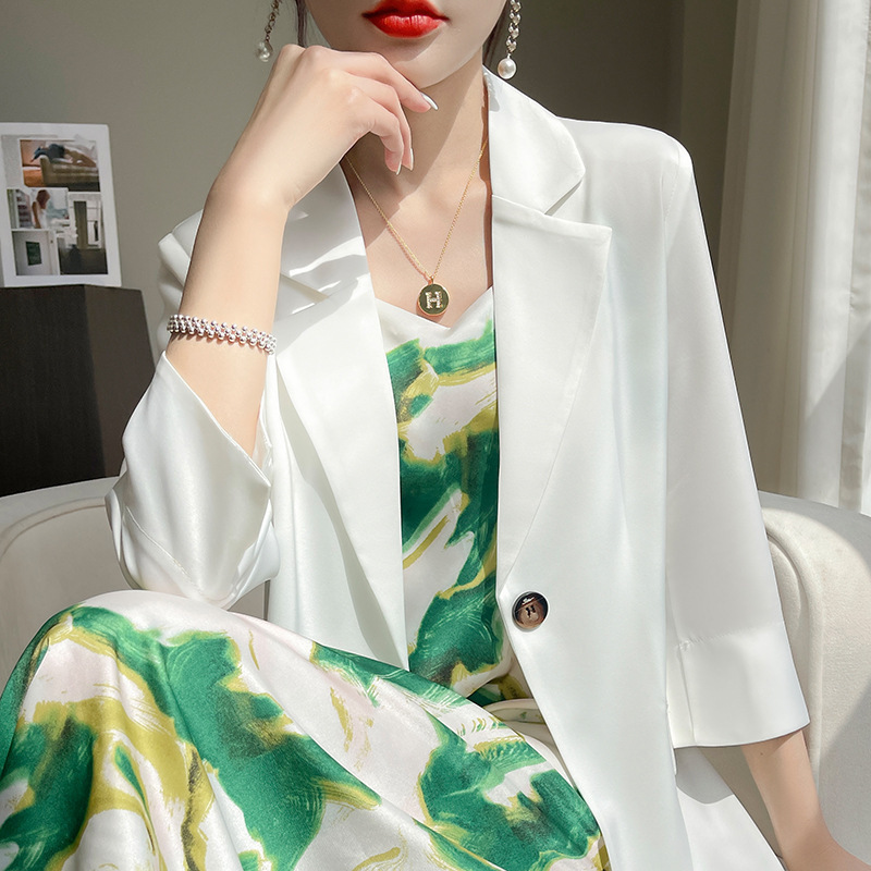 Commuter Style Blazer for Women, Summer Thin Professional Suit Jacket, Acetate Satin Three-Quarter Sleeve Slim-Fit Coat