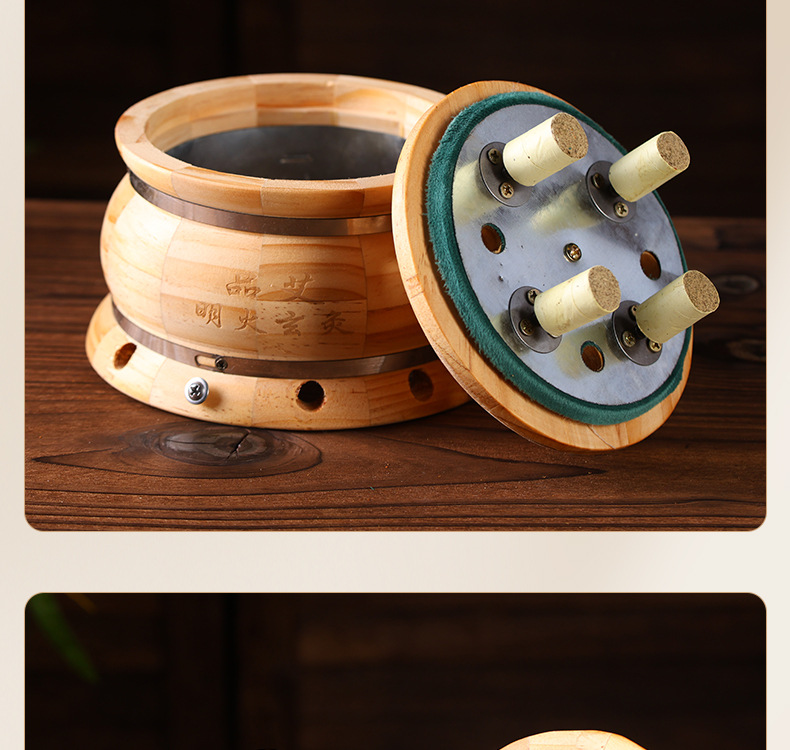 Moxibustion Jar Set for Navel and Abdomen Warming with 108 Aged Moxa Cones Rose Oil and Straps in use