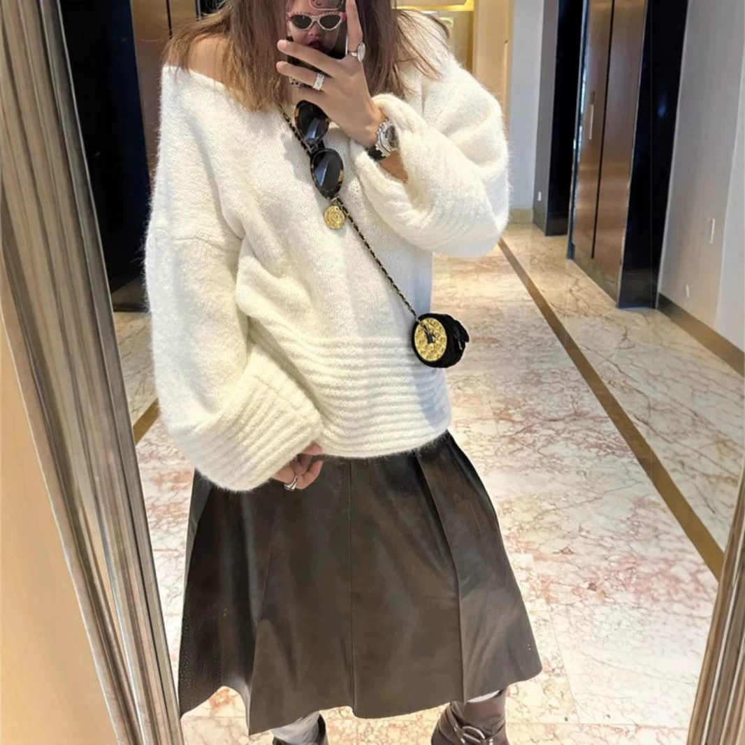Корейский стиль, высококачественный трикотаж с v-образным вырезом для женщин осенью и зимой, свободный и нежный трикотаж с длинными рукавами в стиле ретро, ​​утепленный трикотаж с длинными рукавами
