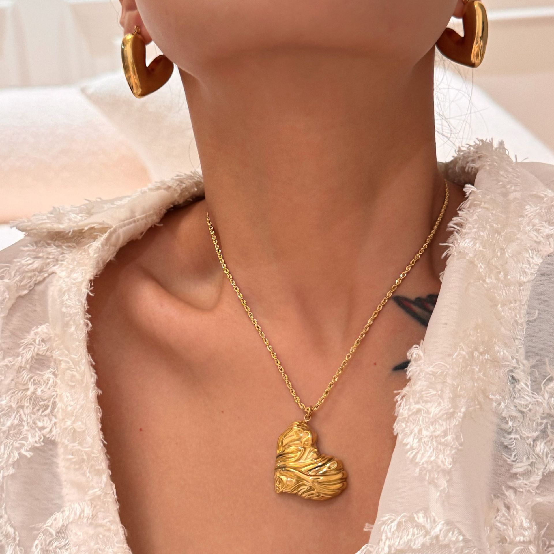 304 Stainless Steel, Titanium Steel Material Titanium Steel 18k Gold Plated Retro Heart Shape Plating Earrings Necklace