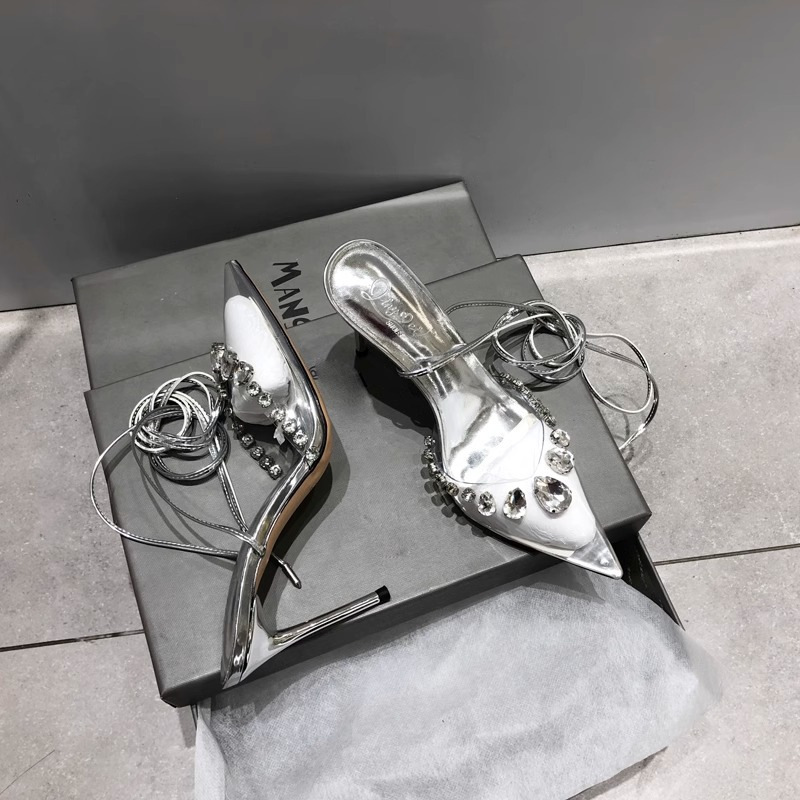 Transparent rhinestone covered toe sandals for women 2025 summer latest fairy style pointed stiletto heel flash diamond strap high heels for women Transparent rhinestone covered toe sandals for women 2025 summer latest fairy style pointed stiletto heel flash diamond strap high heels for women