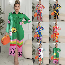 新款eBay速卖通外贸时尚长袖印花翻领衬衣裙女宽松休闲长款连衣裙