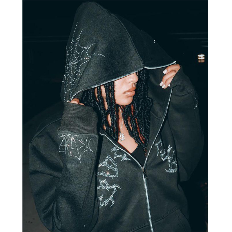 Cárdigan con capucha y cremallera completa con estampado de telaraña y letras, sudadera holgada de marca de moda para hombres y mujeres_voghion.com