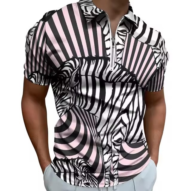Camisa POLO con cremallera de manga corta suelta y transpirable con estampado 3D de graffiti a rayas irregulares de colores personalizados para hombres