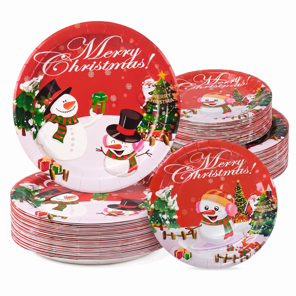 Cartoon snowman, Santa Claus, Christmas paper plates, disposable plates for children's parties, festive dessert table paper plates