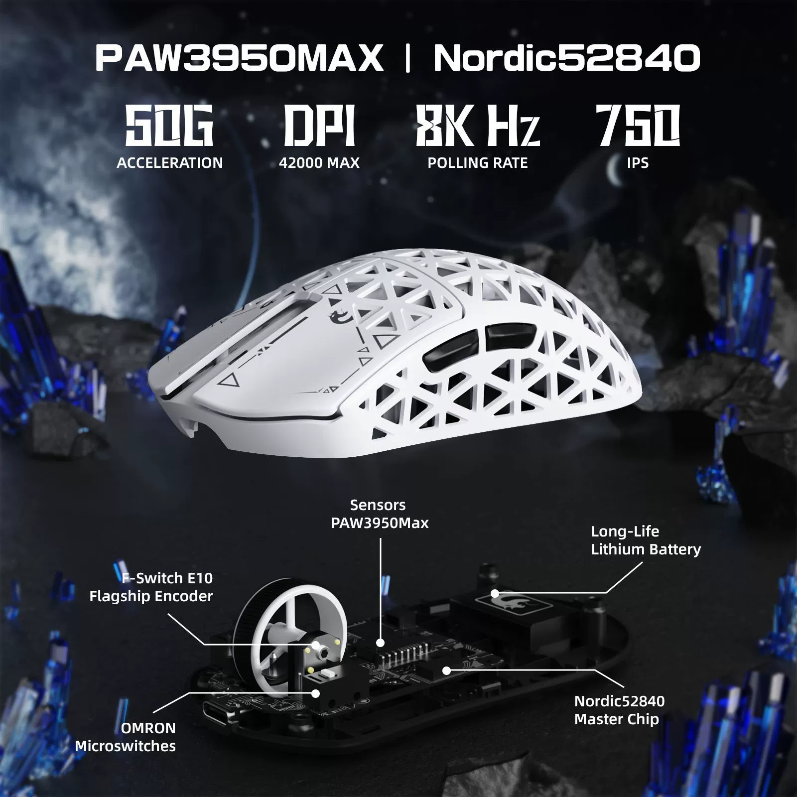 Mamba Snake M5 Ultra Карбоновое волокно, беспроводная мышь, лёгкий PAW3950, игровая, Bluetooth в 3 режимах, 8K мышь