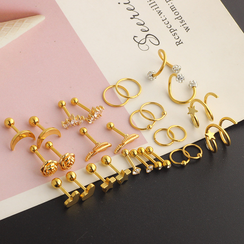 28 Piece Set Stainless Steel 16G Simple Earrings Round Ear Bone Nail Cartilage Ear Bone Nail Set 3 Colors detail image 7
