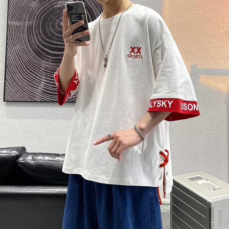 Design Sense Split Short-sleeved T-shirt Men's Summer Trendy Brand Loose Top Hong Kong Style Stitching All-match Seven-sleeved T-shirt Design Sense Split Short-sleeved T-shirt Men's Summer Trendy Brand Loose Top Hong Kong Style Stitching All-match Seven-sleeved T-shirt