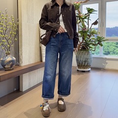 大码窄版直筒牛仔裤女2025年新款小个子高腰弹力显瘦九分法棍裤子