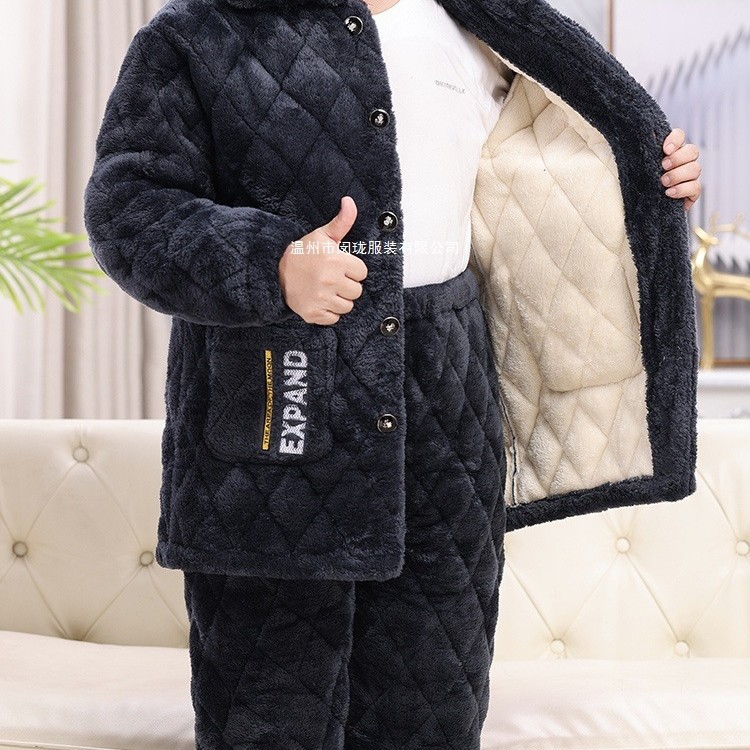 Dad's Winter Men's Three-Layer Thickeneded Quilted Pajamas, Middle-Aged and Elderly Coral Velvet Suits, New Winter Warm Cotton Jackets