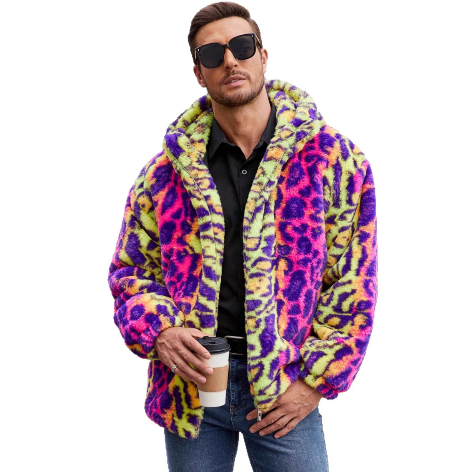 Мужское пальто в леопардовый принт, fashion, имитация меха, яркое плюшевое леопардовое пальто