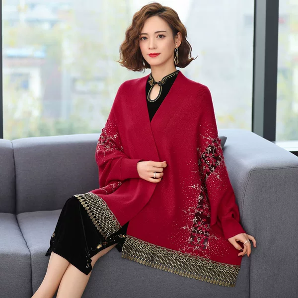 Autumn and winter New scarf shawl cheongsam shawl women's all-match coat high-end Xi mother-in-law cloak embroidered tassel knitted