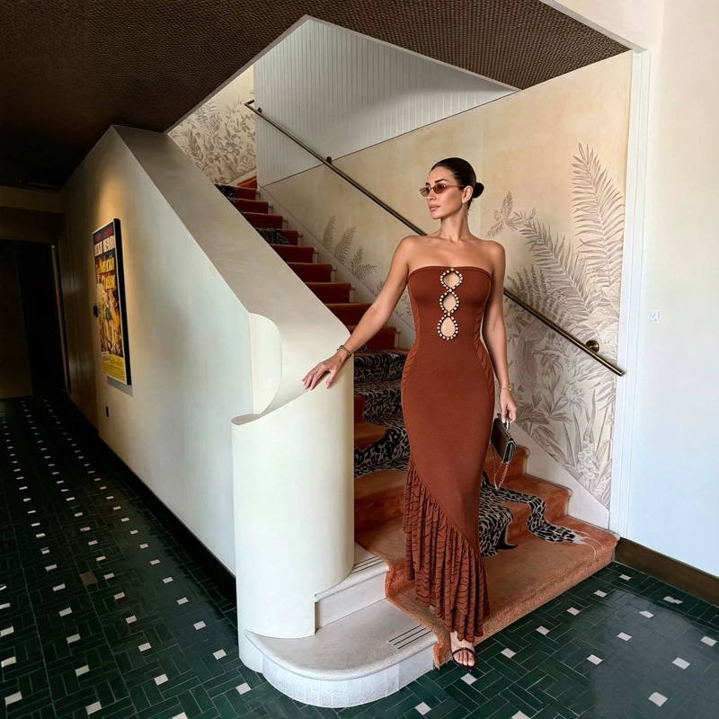 Spicy Girl Style Strapless Cut-Out Bodycon Midi Dress, Elastic Knit with Asymmetrical Ruffles, Party Bandage Dress