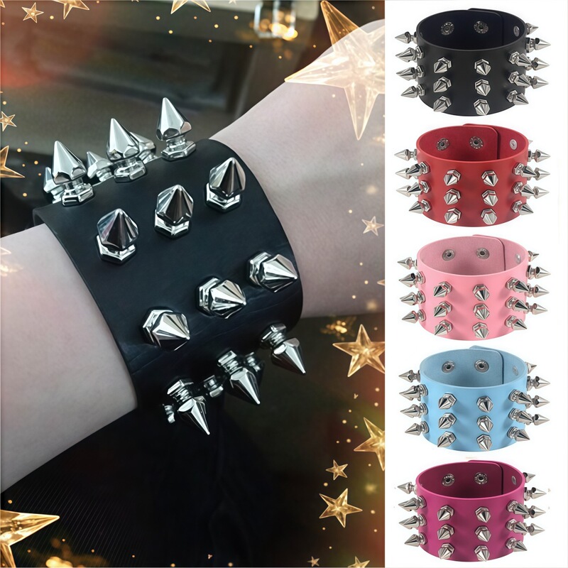 Eco-Friendly Pu Leather European and American Harajuku Punk Style Fashion Exaggerated Bracelet with Tapered Spike Rivets Three-Row Bracelet Jewelry Eco-Friendly Pu Leather European and American Harajuku Punk Style Fashion Exaggerated Bracelet with Tapered Spike Rivets Three-Row Bracelet Jewelry