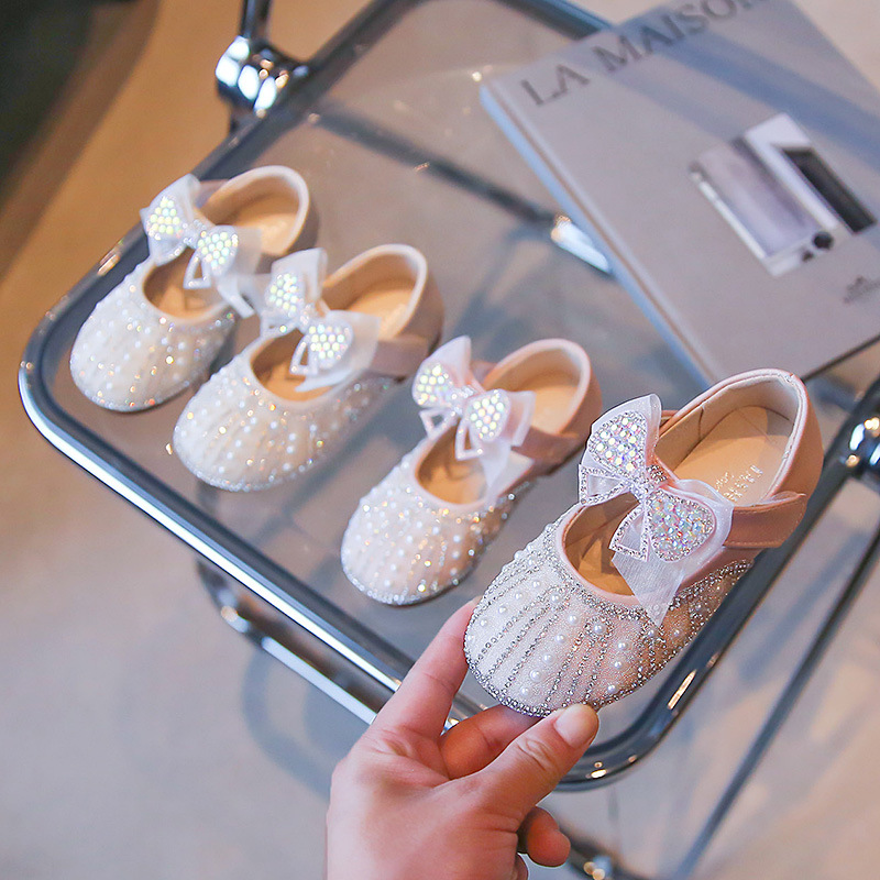 Girls' Flats Baotou Princess Shoes 2025 New Spring Kidsren's Shoes Fashionable Pearl Bow Kidsren's Girls' Flats