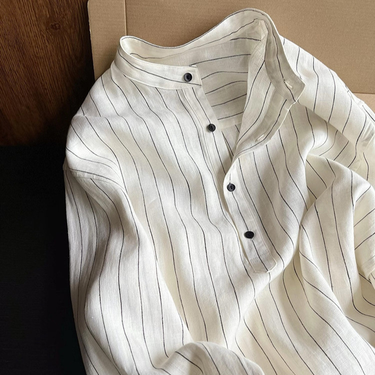 Old Money Style! Striped Linen Small Stand Collar Single-Breasted Pullover Shirt 2025 Early Autumn Cotton Linen Thin Shirt