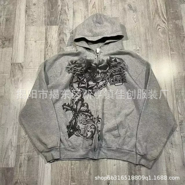 Кардиган на молнии кардиган с капюшоном Американский ретро с принтом свитер для мужчин и женщин трансграничный новый тренд топ