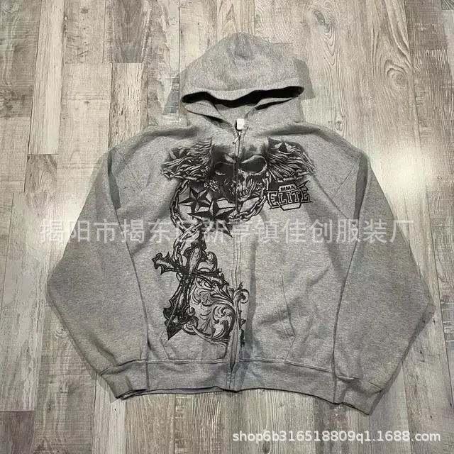 Skeleton Zipper Cardigan Hoodie American Vintage Pattern Printed Sweater Men's and Women's Cross-border New Trendy Top