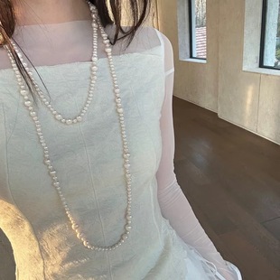 Autumn and Winter New Woolen Chain Natural Strong Light Freshwater Pearl Overlapped Gentle Elegant Super Long Necklace Classic Women's All-Match