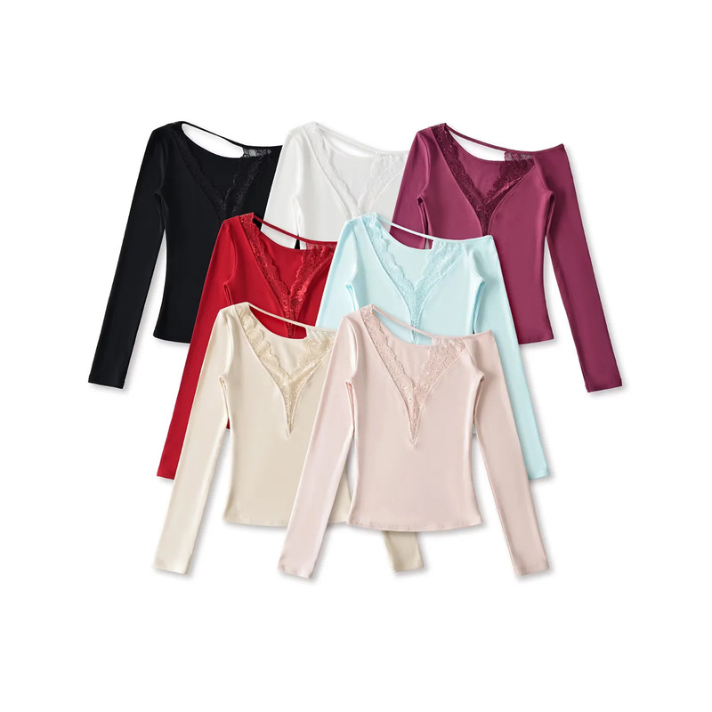 Korean-Style Elegant V-Neck Asymmetrical Shoulder Lace Patchwork Long-Sleeve Base Shirt for Women, High-End Slim-Fit T-Shirt Top Korean-Style Elegant V-Neck Asymmetrical Shoulder Lace Patchwork Long-Sleeve Base Shirt for Women, High-End Slim-Fit T-Shirt Top