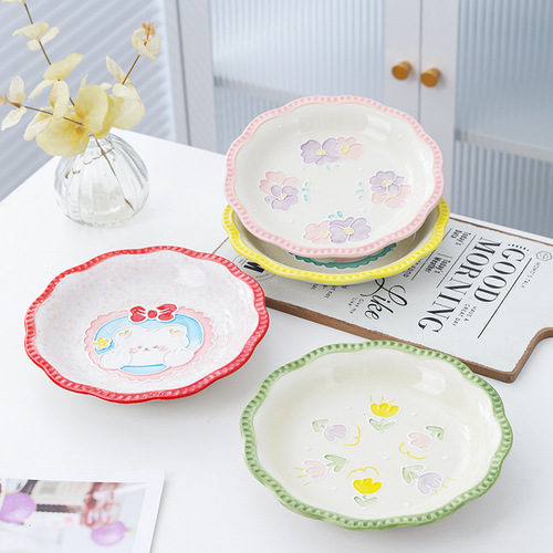 Hand-painted Relief Ceramic Plate Home Tableware Western Dinner Plate Pasta Plate Cute Fruit Plate Girl Heart Salad Plate Wholesale