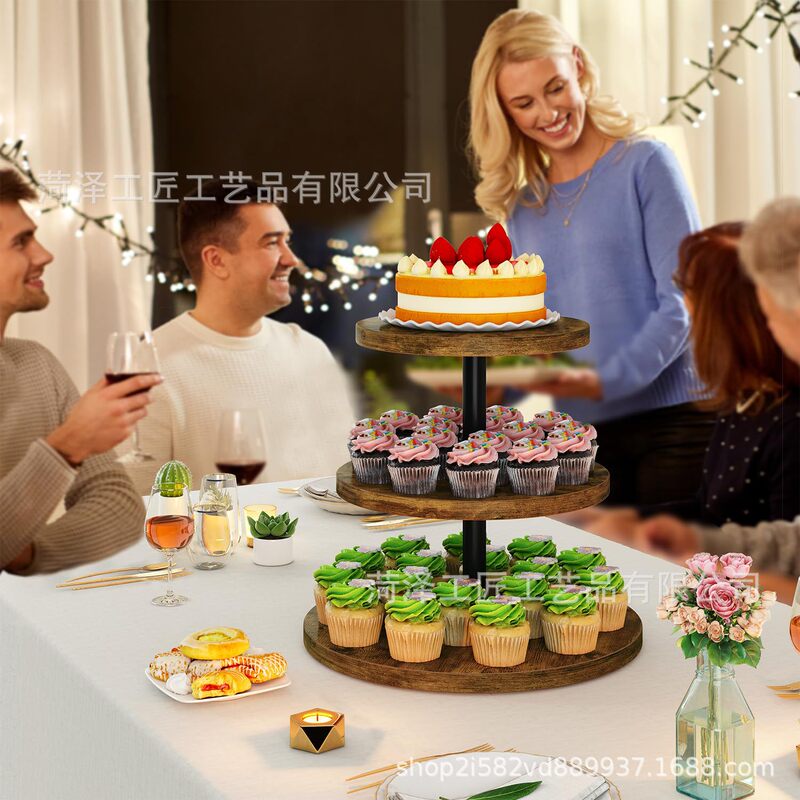 Cross-Border Wooden Iron Art Combined with Three-Layer Cupcake Storage Rack Party Dessert Rack Wedding Decoration Tray