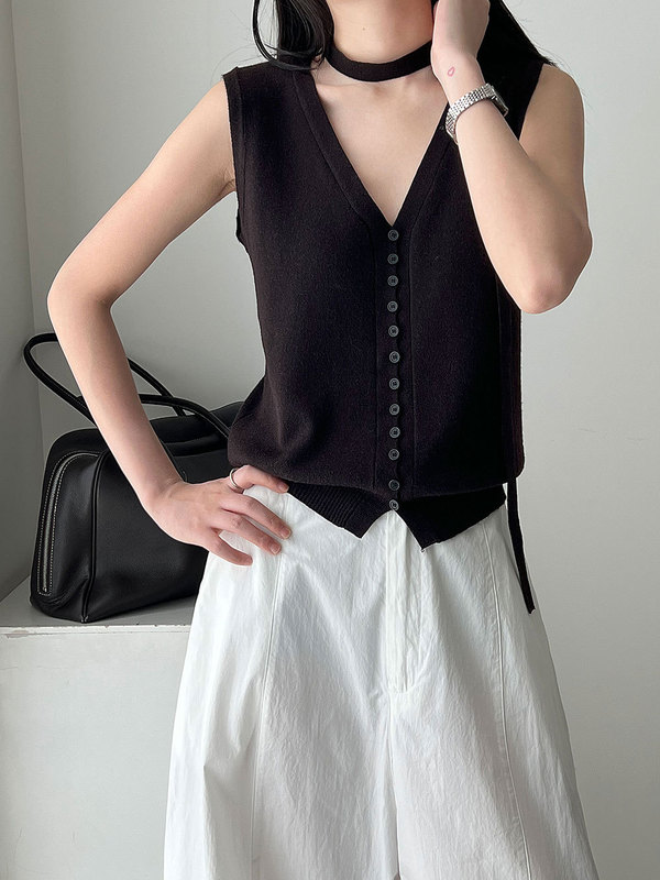 NS韩系V领羊毛针织背心马甲配领带女25秋季新款百搭开衫上衣ss783|undefined