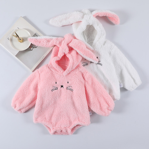 Baby and Toddler Autumn/Winter Fleece Thick One-Piece Huggy Suit Plush Triangle Outing Crawling Suit Rabbit One-Piece Suit with Hood - In Stock