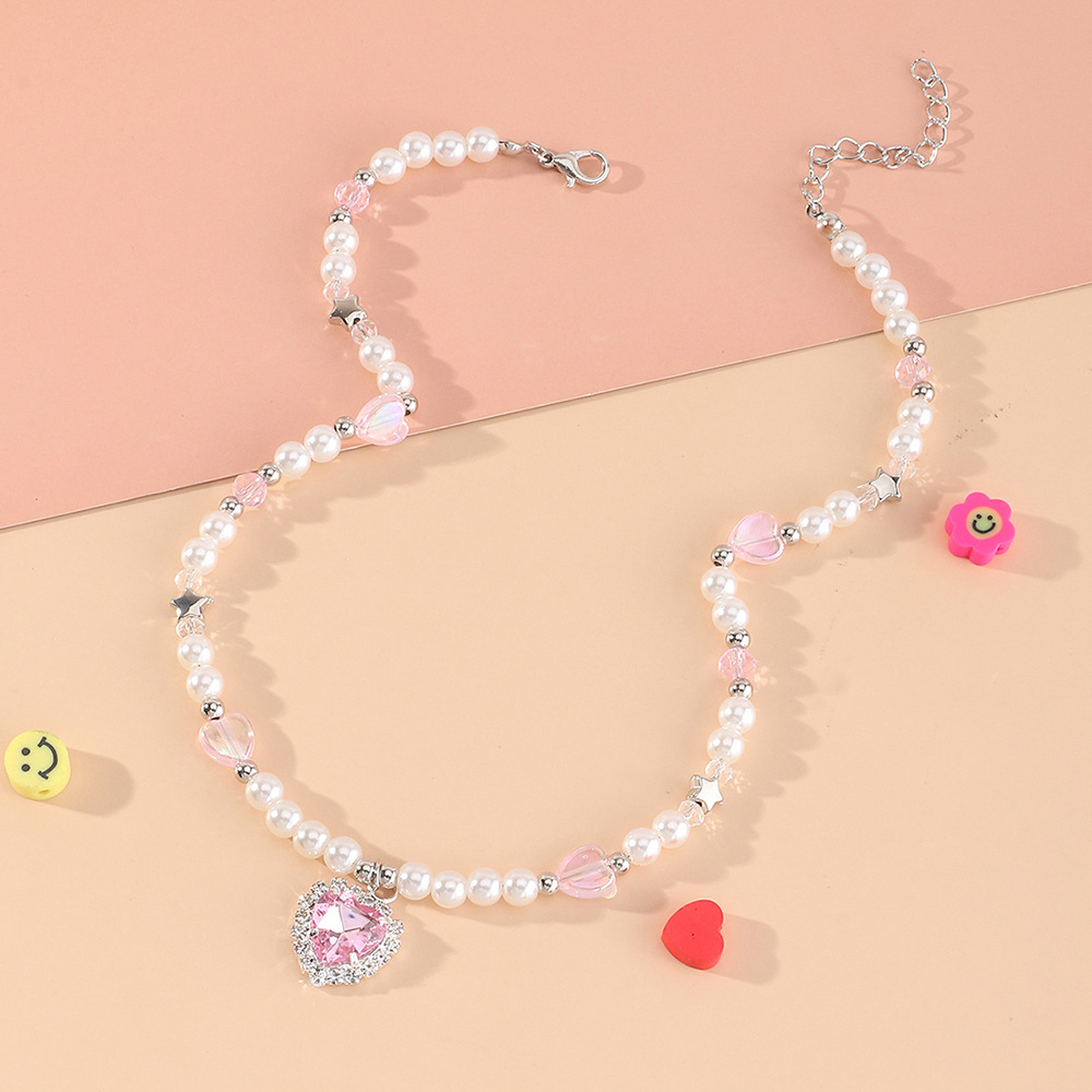 Fashion Pink Diamond Heart Pendant Star Pearl Beaded Clavicle Chain Necklace