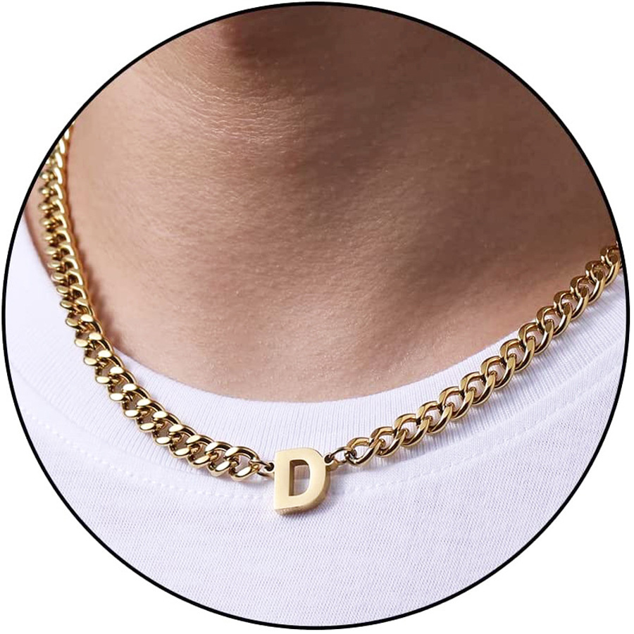 Collar de cadena cubana de acero inoxidable estilo hip-hop con apellidos europeos y americanos, colgante de letra mayúscula de oro de 18K con 26 letras.