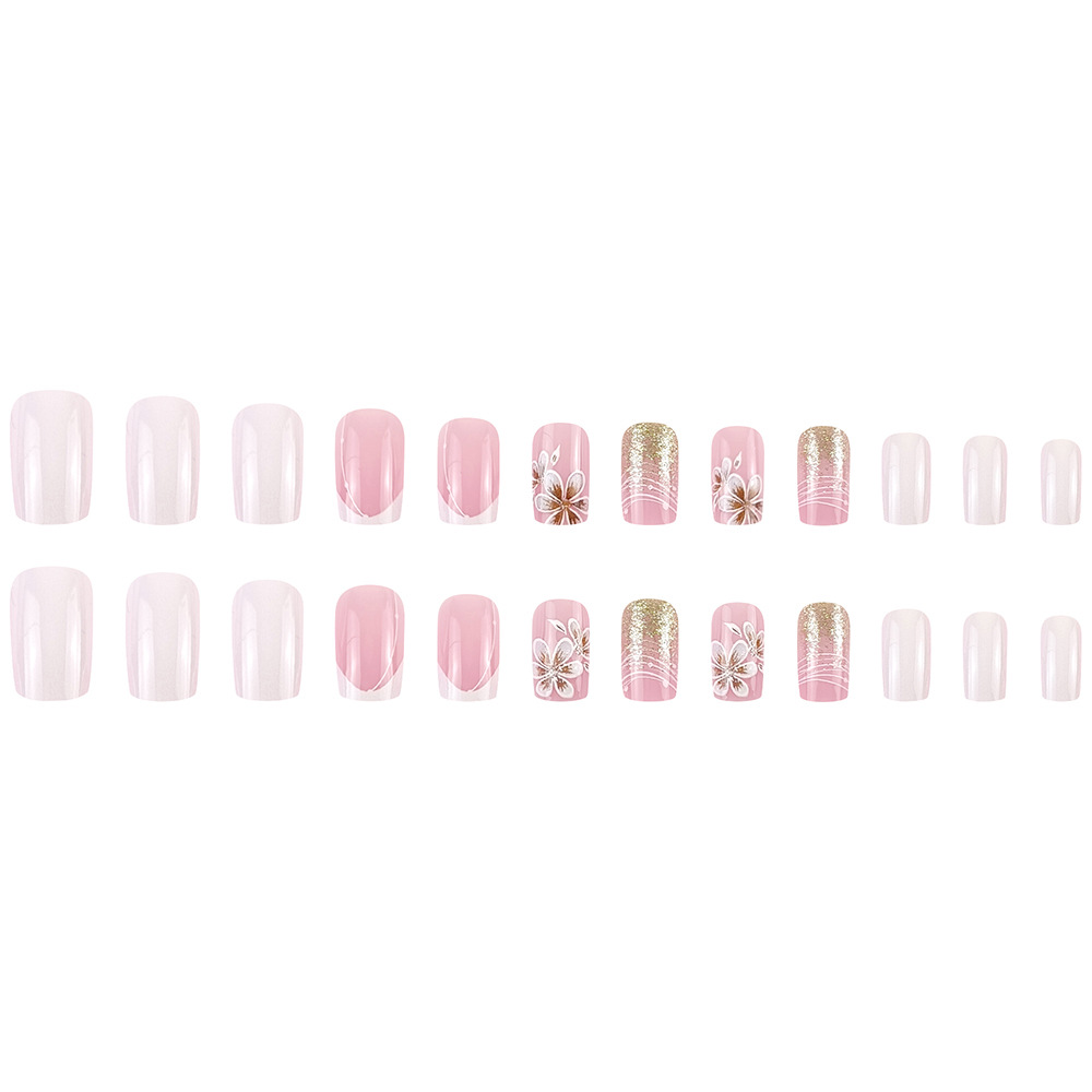Juego de 24 piezas de uñas postizas largas blancas de gran venta, delicadas pegatinas florales para uñas, uñas postizas largas y brillantes. image 6