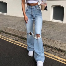 欧美外贸跨境货源破洞修身喇叭牛仔裤女